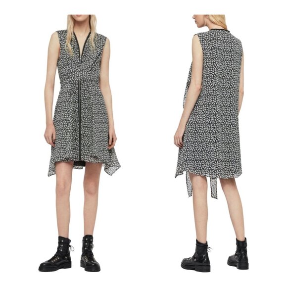 All Saints Jayda Scatter Print Dress XS Black White Sleeveless Zip A-Line, New - Picture 1 of 13